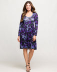 24seven Comfort Apparel Long Sleeve Empire Waist Dress Purple Black Print