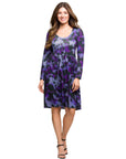 24seven Comfort Apparel Long Sleeve Empire Waist Dress Purple Black Print