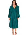 Shimmer Pleated V Neck Empire Waist Bishop Sleeve Midi Dress