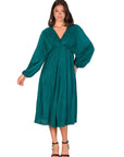 Shimmer Pleated V Neck Empire Waist Bishop Sleeve Midi Dress