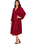Shimmer Pleated V Neck Empire Waist Bishop Sleeve Midi Dress