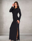 Fitted Long Sleeve Shimmery Fabric Side Slit Maxi Dress