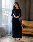 Fitted Long Sleeve Shimmery Fabric Side Slit Maxi Dress