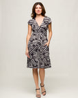 24seven Comfort Apparel Womens Cap Sleeve Black and White V Neck Knee Length Pocket Dress