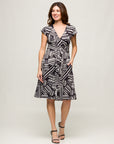 24seven Comfort Apparel Womens Cap Sleeve Black and White V Neck Knee Length Pocket Dress