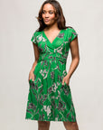 24seven Comfort Apparel Womens Cap Sleeve Green Floral V Neck Knee Length Pocket Dress
