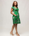 24seven Comfort Apparel Womens Cap Sleeve Green Floral V Neck Knee Length Pocket Dress