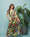 24seven Comfort Apparel Womens Butterfly Print Cap Sleeve V Neck Side Slit Pocket Maxi Dress