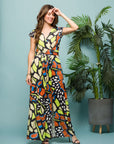 24seven Comfort Apparel Womens Butterfly Print Cap Sleeve V Neck Side Slit Pocket Maxi Dress