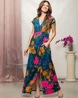 24seven Comfort Apparel Womens Floral Print Cap Sleeve V Neck Side Slit Pocket Maxi Dress