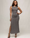 24seven Comfort Apparel Womens Black and White Print Sleeveless Side Slit Maxi Dress