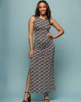 24seven Comfort Apparel Womens Black and White Print Sleeveless Side Slit Maxi Dress