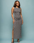 24seven Comfort Apparel Womens Black and White Print Sleeveless Side Slit Maxi Dress