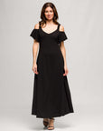 24seven Comfort Apparel Womens Cold Sholder Ruffle Sleeve A Line Maxi Dress