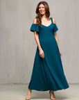 24seven Comfort Apparel Womens Cold Sholder Ruffle Sleeve A Line Maxi Dress