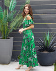 24seven Comfort Apparel Womens Green Floral Cold Sholder Ruffle Sleeve A Line Maxi Dress