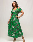 24seven Comfort Apparel Womens Green Floral Cold Sholder Ruffle Sleeve A Line Maxi Dress