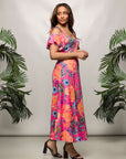 24seven Comfort Apparel Womens Pink Paisley Cold Sholder Ruffle Sleeve A Line Maxi Dress