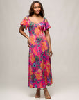 24seven Comfort Apparel Womens Pink Paisley Cold Sholder Ruffle Sleeve A Line Maxi Dress