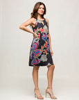 24seven Comfort Apparel Womens Knee Length Black Paisley Print Sleeveless Keyhole Dress