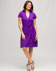 24seven Comfort Apparel Womens Mandarin Collar Knee Length Wrap Dress
