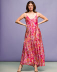 24seven Comfort Apparel Pink Print Lightweight Spaghetti Strap Pocket Maxi Dress