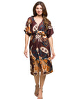 24seven Comfort Apparel Short Sleeve Knot Front Midi Dress in Brown Multi Paisley Print