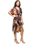 24seven Comfort Apparel Short Sleeve Knot Front Midi Dress in Brown Multi Paisley Print