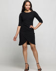 24seven Comfort Apparel Three Quarter Sleeve Ruched Tulip Hem Mini Dress