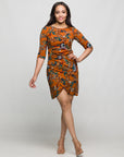 24seven Comfort Apparel Elbow Sleeve Ruched Tulip Fall Print Mini Dress