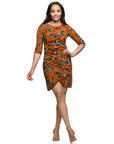 24seven Comfort Apparel Elbow Sleeve Ruched Tulip Fall Print Mini Dress