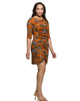24seven Comfort Apparel Elbow Sleeve Ruched Tulip Fall Print Mini Dress
