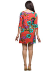 24seven Comfort Apparel Orange Floral Print Three Quarter Sleeve A Line Knee Length Dress