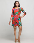 24seven Comfort Apparel Orange Floral Print Three Quarter Sleeve A Line Knee Length Dress