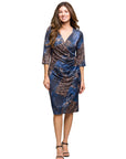 24seven Comfort Apparel Three Quarter Sleeve Faux Wrap Dress in Blue Animal Print