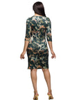 24seven Comfort Apparel Three Quarter Sleeve Faux Wrap Dress in Green Animal Print