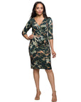 24seven Comfort Apparel Three Quarter Sleeve Faux Wrap Dress in Green Animal Print