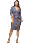 Grey Print Three Quarter Sleeve Faux Wrap Dress