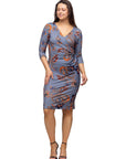 Grey Print Three Quarter Sleeve Faux Wrap Dress