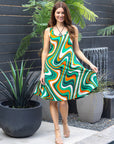 24seven Comfort Apparel Womens Green Print Sleeveless Knee Length Tank Swing Dress