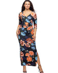 Black Floral Three Quarter Sleeve Side Slit Maxi Dress