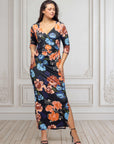 Black Floral Three Quarter Sleeve Side Slit Maxi Dress