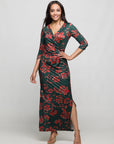 24seven Comfort Apparel Green Floral Print Three Quarter Sleeve Side Slit Maxi Dress