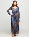 24seven Comfort Apparel Blue Animal Print Long Sleeve Scoop Neck Maxi Dress