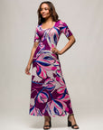 24seven Comfort Apparel Womens Purple Floral Print Elbow Sleeve Casual A Line Maxi Dress