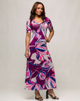 24seven Comfort Apparel Womens Purple Floral Print Elbow Sleeve Casual A Line Maxi Dress