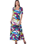 Womens Multicolor Floral Print Elbow Sleeve Casual A Line Maxi Dress