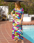Womens Multicolor Floral Print Elbow Sleeve Casual A Line Maxi Dress