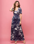 24seven Comfort Apparel Womens Blue Floral Print Elbow Sleeve Casual A Line Maxi Dress