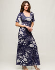 24seven Comfort Apparel Womens Blue Floral Print Elbow Sleeve Casual A Line Maxi Dress